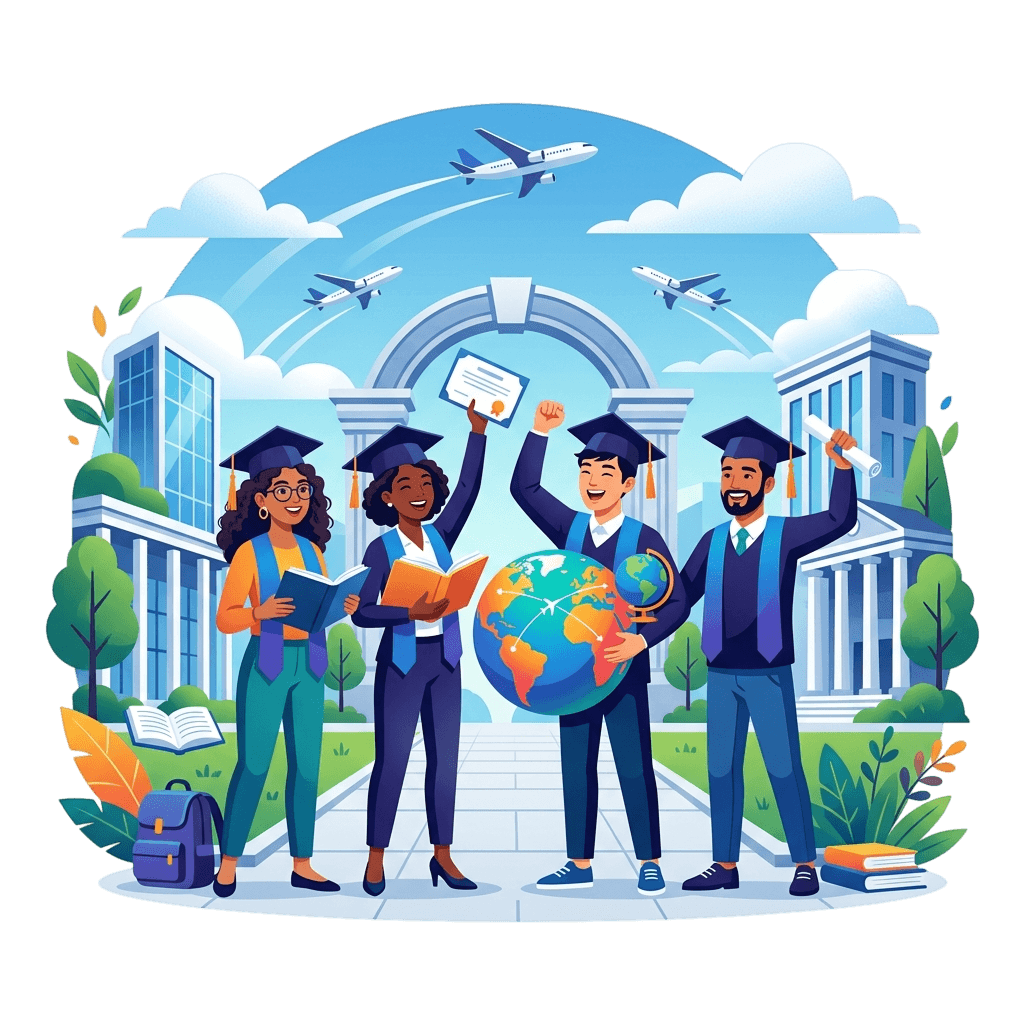 Students studying abroad illustration